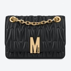 Moschino m logo monogram medium crossbody bag black and gold